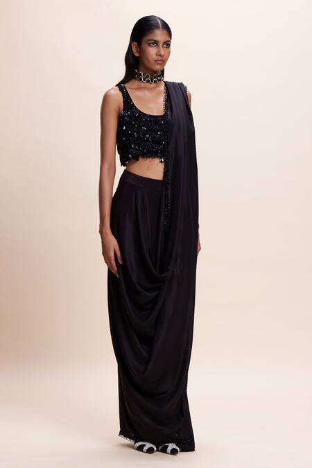 Kangana Trehan_Black Silk, Crepe Tassels, Crystals Round Neck Pre-draped Saree Set _Online_at_Aza_Fashions
