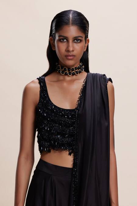 Buy_Kangana Trehan_Black Silk, Crepe Tassels, Crystals Round Neck Pre-draped Saree Set _Online_at_Aza_Fashions