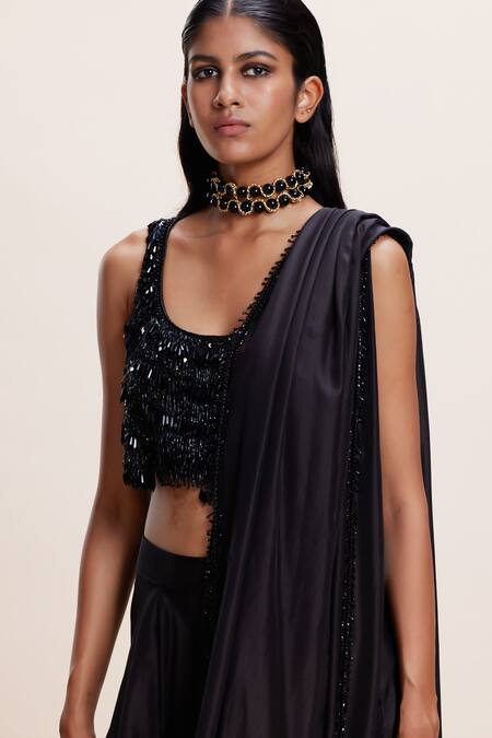 Shop_Kangana Trehan_Black Silk, Crepe Tassels, Crystals Round Neck Pre-draped Saree Set _Online_at_Aza_Fashions