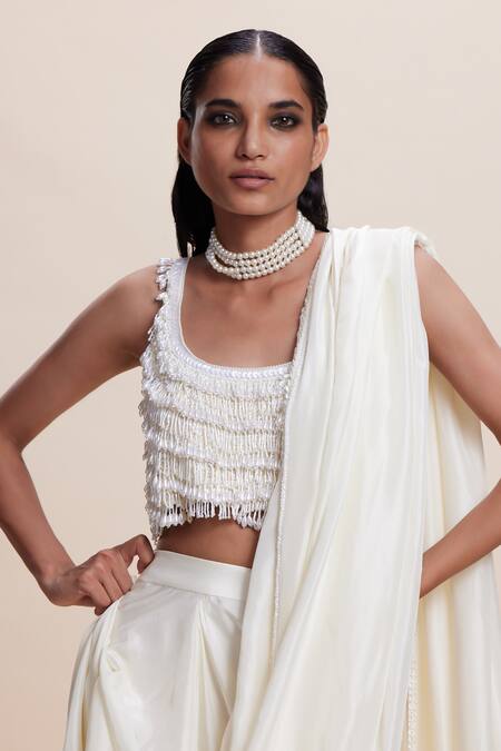 Kangana Trehan Off White Silk, Crepe Tassels, Crystals Round Neck Embellished Pre-draped Saree Online at Aza Fashions Kangana Trehan_Off White Silk, Crepe Tassels, Crystals Round Neck Embellished Pre-draped Saree _Online_at_Aza_Fashions