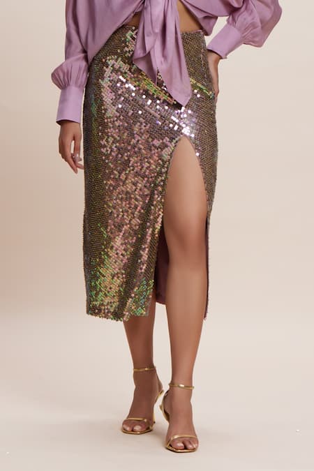 Kangana Trehan_Pink Georgette Sequins Samba Embellished Slit Skirt _Online_at_Aza_Fashions