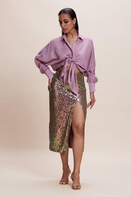 Buy_Kangana Trehan_Pink Georgette Sequins Samba Embellished Slit Skirt _Online_at_Aza_Fashions