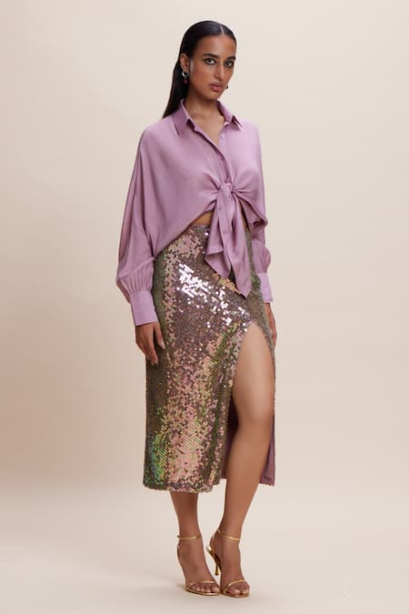 Shop_Kangana Trehan_Pink Georgette Sequins Samba Embellished Slit Skirt _Online_at_Aza_Fashions