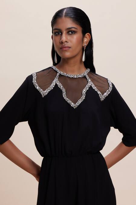 Kangana Trehan_Black Crepe Crystals Round Neck Stone Embellished Jumpsuit _Online_at_Aza_Fashions