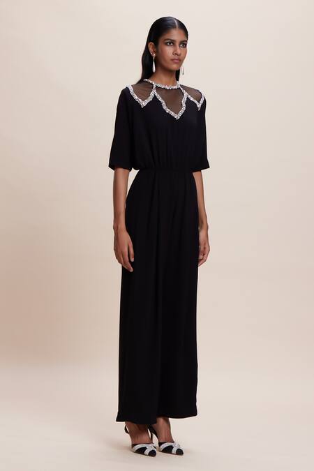 Buy_Kangana Trehan_Black Crepe Crystals Round Neck Stone Embellished Jumpsuit _Online_at_Aza_Fashions