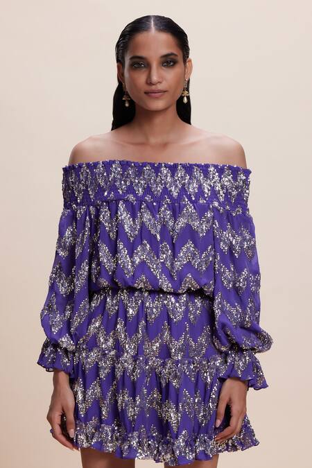 Kangana Trehan_Purple Georgette Sequins Off-shoulder Chevron Embellished Short Dress _Online_at_Aza_Fashions