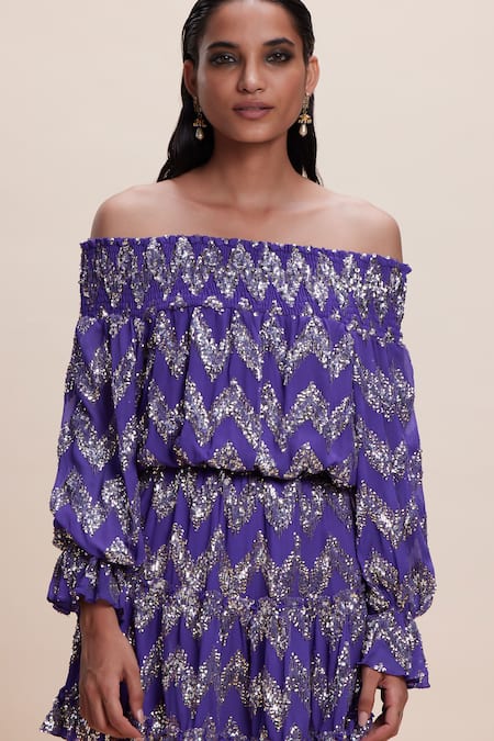 Buy_Kangana Trehan_Purple Georgette Sequins Off-shoulder Chevron Embellished Short Dress _Online_at_Aza_Fashions
