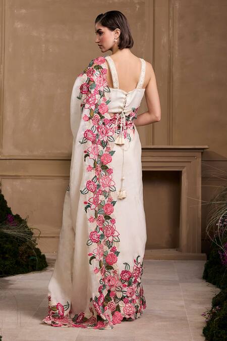 Shop_Chandrima_Ivory Silk Organza Sequins, Beads Floral Cutwork Embroidered Saree _at_Aza_Fashions