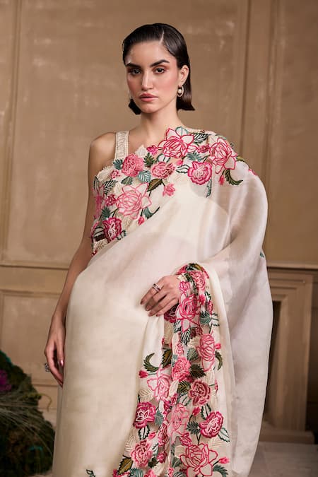 Chandrima_Ivory Silk Organza Sequins, Beads Floral Cutwork Embroidered Saree _Online_at_Aza_Fashions