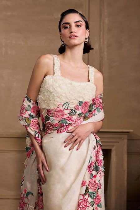 Buy_Chandrima_Ivory Silk Organza Sequins, Beads Floral Cutwork Embroidered Saree _Online_at_Aza_Fashions