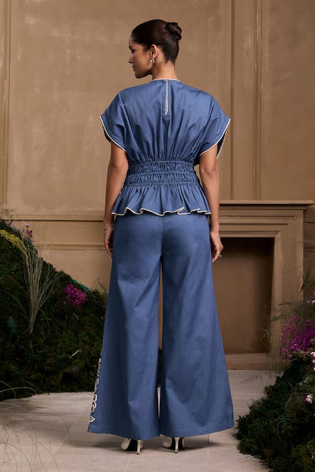 Shop Chandrima Blue , Satin Embroidery, Beads Floral Cutwork Pleated Top at Aza Fashions Shop_Chandrima_Blue , Satin Embroidery, Beads Floral Cutwork Pleated Top _at_Aza_Fashions