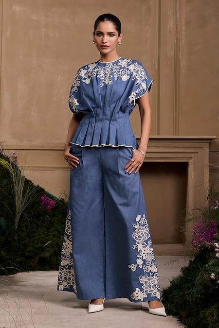 Chandrima Blue , Satin Embroidery, Beads Floral Cutwork Pleated Top Online at Aza Fashions Chandrima_Blue , Satin Embroidery, Beads Floral Cutwork Pleated Top _Online_at_Aza_Fashions