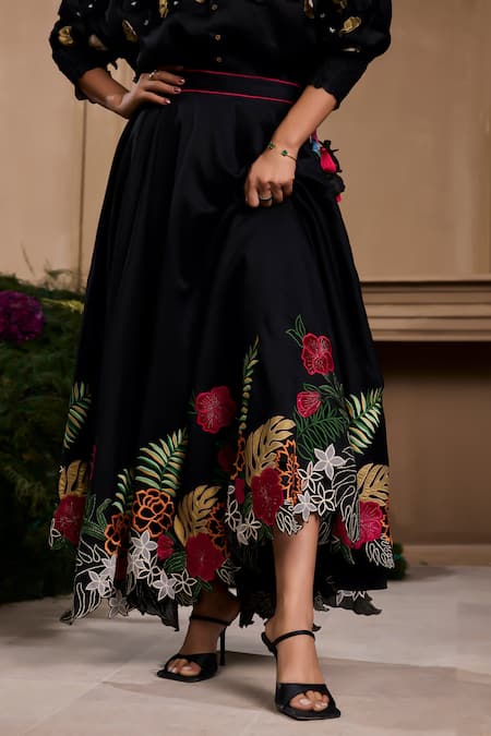 Chandrima Black Chanderi, Cotton Beads, Tassels Floral Embroidered Flared Skirt Online at Aza Fashions Chandrima_Black Chanderi, Cotton Beads, Tassels Floral Embroidered Flared Skirt _Online_at_Aza_Fashions