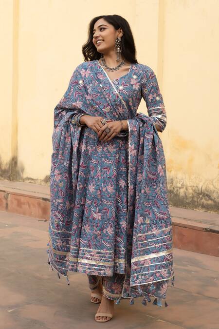 Buy_ASRUMO_Blue Organza, Chanderi Gota Patti Gardenia Handblock Print Anarkali Set