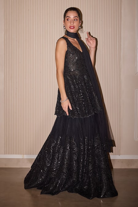 Twenty Nine_Black Georgette Mirrors Sweetheart Neck Embroidered Peplum Tunic _at_Aza_Fashions