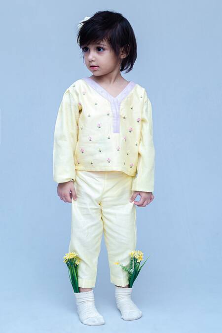 Shop_Snuggleme_Yellow Chanderi Embroidery Floral Thread Crop Top And Pant Set 