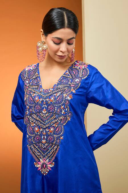 Buy Neha Khullar Blue Silk Sequins, Beads V-neck Pure Embroidered Kurta And Pant Set Online at Aza Fashions Buy_Neha Khullar_Blue Silk Sequins, Beads V-neck Pure Embroidered Kurta And Pant Set _Online_at_Aza_Fashions