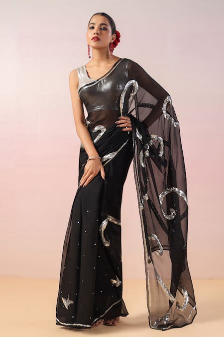 Shop Ruar India Silver Chiffon Sequins Round Neck Kalbeliya Wave Embroidered Saree Online at Aza Fashions Shop_Ruar India_Silver Chiffon Sequins Round Neck Kalbeliya Wave Embroidered Saree _Online_at_Aza_Fashions