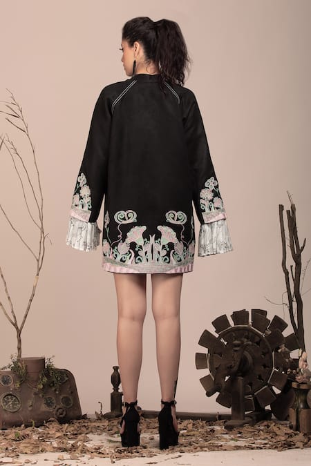 Shop Beejoliyo Black Cotton, Suede Embroidery Round Neck Dress at Aza Fashions Shop_Beejoliyo_Black Cotton, Suede Embroidery Round Neck Dress _at_Aza_Fashions