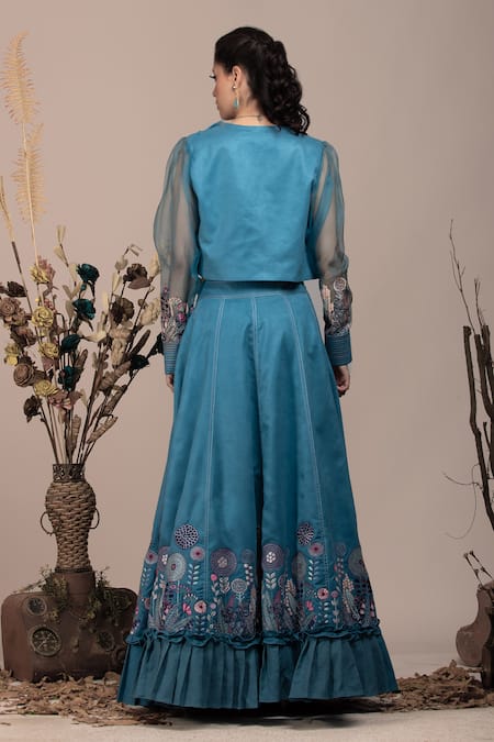 Shop Beejoliyo Blue Cotton, Suede Embroidery Sweetheart Neck, Open Thread Jacket Lehenga Set at Aza Fashions Shop_Beejoliyo_Blue Cotton, Suede Embroidery Sweetheart Neck, Open Thread Jacket Lehenga Set _at_Aza_Fashions