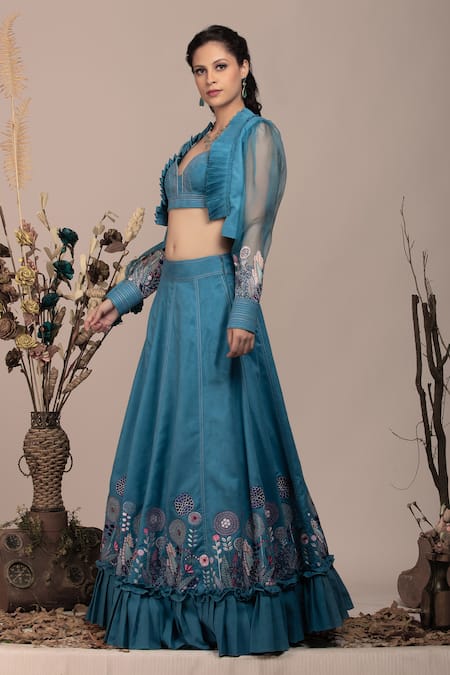 Beejoliyo Blue Cotton, Suede Embroidery Sweetheart Neck, Open Thread Jacket Lehenga Set Online at Aza Fashions Beejoliyo_Blue Cotton, Suede Embroidery Sweetheart Neck, Open Thread Jacket Lehenga Set _Online_at_Aza_Fashions
