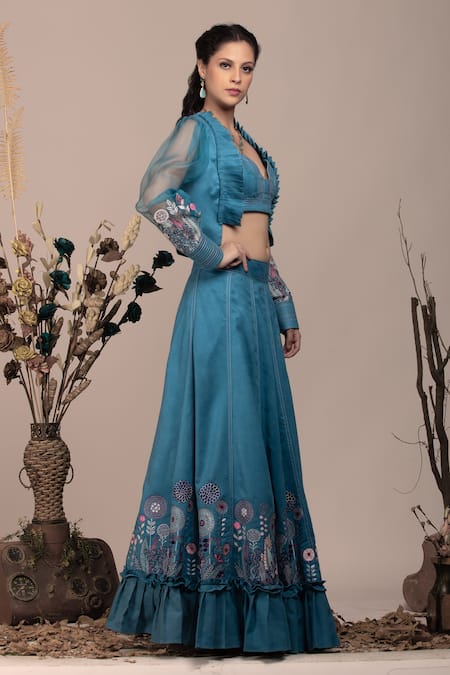 Buy Beejoliyo Blue Cotton, Suede Embroidery Sweetheart Neck, Open Thread Jacket Lehenga Set Online at Aza Fashions Buy_Beejoliyo_Blue Cotton, Suede Embroidery Sweetheart Neck, Open Thread Jacket Lehenga Set _Online_at_Aza_Fashions