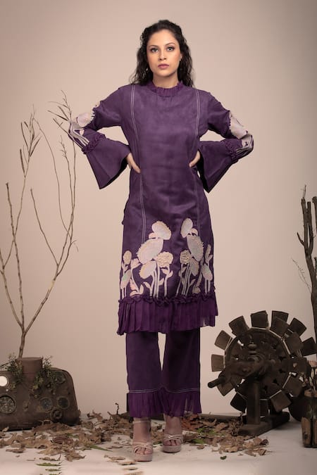 Buy_Beejoliyo_Purple Cotton, Suede Embroidery Round Neck Kurta And Pant Set _Online_at_Aza_Fashions