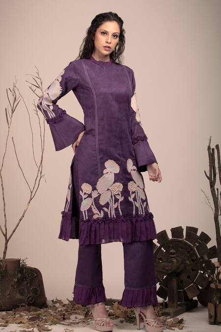 Shop_Beejoliyo_Purple Cotton, Suede Embroidery Round Neck Kurta And Pant Set _Online_at_Aza_Fashions