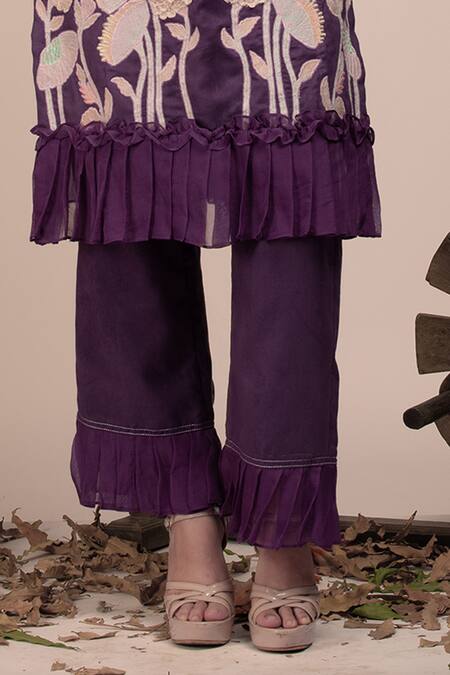 Buy_Beejoliyo_Purple Cotton, Suede Embroidery Round Neck Kurta And Pant Set 