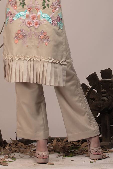 Shop_Beejoliyo_Beige Cotton, Suede Embroidery Round Neck Floral Applique Kurta And Pant Set _Online_at_Aza_Fashions