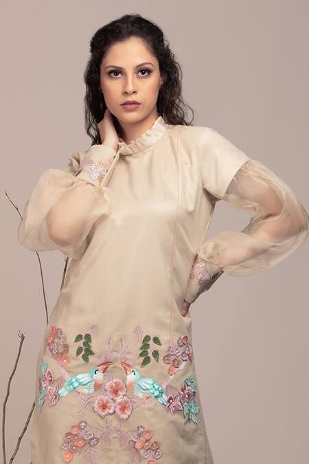 Beejoliyo_Beige Cotton, Suede Embroidery Round Neck Floral Applique Kurta And Pant Set _at_Aza_Fashions