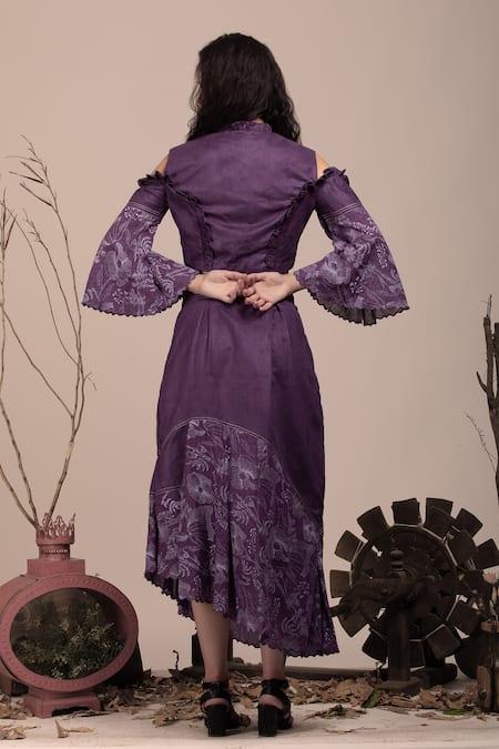 Shop Beejoliyo Purple Suede Embroidered Floral High Round Cold Shoulder Top And Skirt Set at Aza Fashions Shop_Beejoliyo_Purple Suede Embroidered Floral High Round Cold Shoulder Top And Skirt Set _at_Aza_Fashions