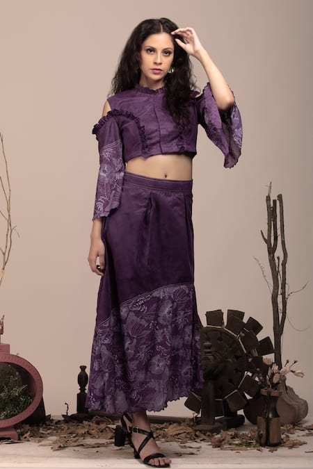 Beejoliyo Purple Suede Embroidered Floral High Round Cold Shoulder Top And Skirt Set Online at Aza Fashions Beejoliyo_Purple Suede Embroidered Floral High Round Cold Shoulder Top And Skirt Set _Online_at_Aza_Fashions