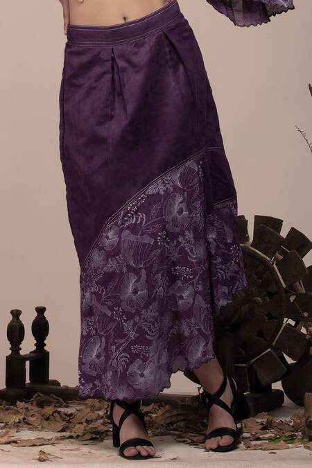 Shop Beejoliyo Purple Suede Embroidered Floral High Round Cold Shoulder Top And Skirt Set Online at Aza Fashions Shop_Beejoliyo_Purple Suede Embroidered Floral High Round Cold Shoulder Top And Skirt Set _Online_at_Aza_Fashions