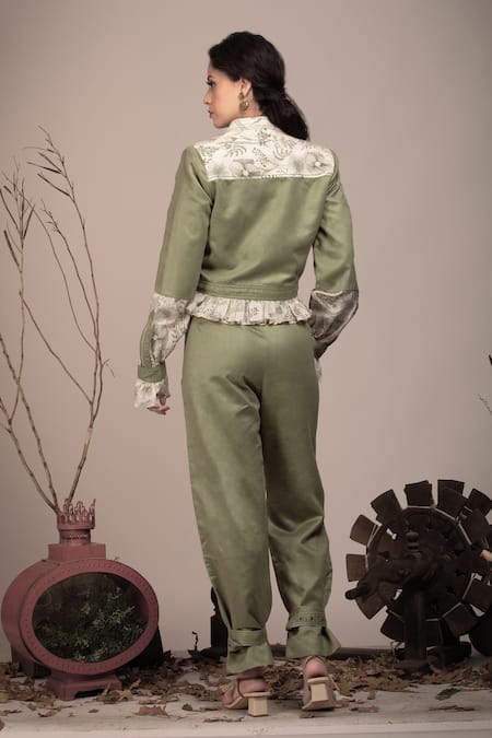 Shop Beejoliyo Green Suede Printed Floral Lapel Collar Bomber Jacket And Pant Set at Aza Fashions Shop_Beejoliyo_Green Suede Printed Floral Lapel Collar Bomber Jacket And Pant Set _at_Aza_Fashions