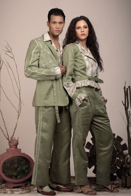 Beejoliyo Green Suede Printed Floral Lapel Collar Bomber Jacket And Pant Set Online at Aza Fashions Beejoliyo_Green Suede Printed Floral Lapel Collar Bomber Jacket And Pant Set _Online_at_Aza_Fashions