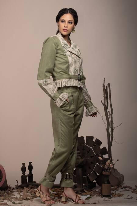 Buy Beejoliyo Green Suede Printed Floral Lapel Collar Bomber Jacket And Pant Set Online at Aza Fashions Buy_Beejoliyo_Green Suede Printed Floral Lapel Collar Bomber Jacket And Pant Set _Online_at_Aza_Fashions