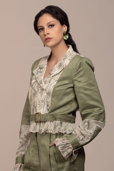 Shop Beejoliyo Green Suede Printed Floral Lapel Collar Bomber Jacket And Pant Set Online at Aza Fashions Shop_Beejoliyo_Green Suede Printed Floral Lapel Collar Bomber Jacket And Pant Set _Online_at_Aza_Fashions