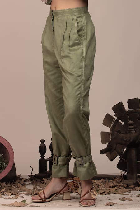 Beejoliyo Green Suede Lapel Collar Embroidered Cuff Sleeve Jacket And Pant Set Online at Aza Fashions Beejoliyo_Green Suede Lapel Collar Embroidered Cuff Sleeve Jacket And Pant Set _Online_at_Aza_Fashions