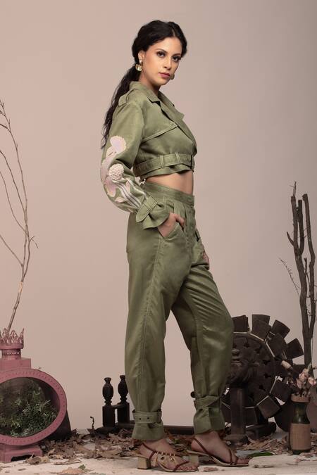 Buy Beejoliyo Green Suede Lapel Collar Embroidered Cuff Sleeve Jacket And Pant Set Online at Aza Fashions Buy_Beejoliyo_Green Suede Lapel Collar Embroidered Cuff Sleeve Jacket And Pant Set _Online_at_Aza_Fashions