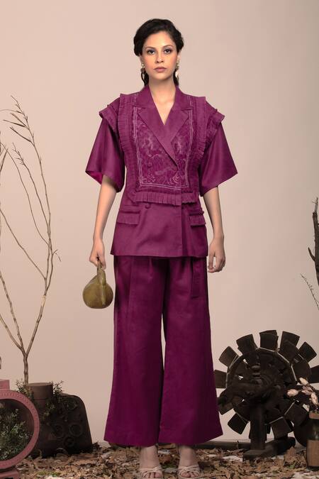 Buy_Beejoliyo_Purple Suede Embroidered Geometric Lapel Collar Top And Pant Set _Online_at_Aza_Fashions