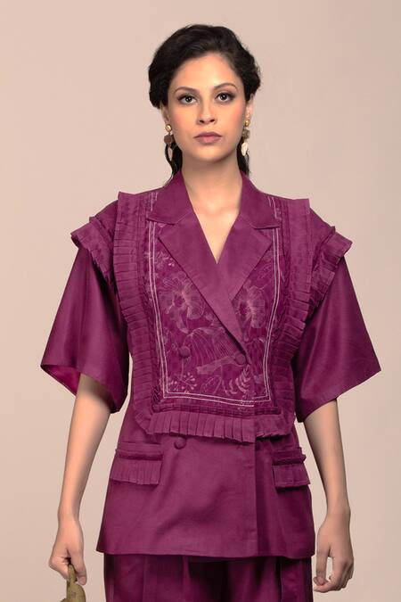 Shop_Beejoliyo_Purple Suede Embroidered Geometric Lapel Collar Top And Pant Set _Online_at_Aza_Fashions