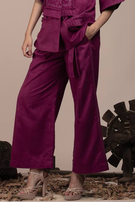 Beejoliyo_Purple Suede Embroidered Geometric Lapel Collar Top And Pant Set _at_Aza_Fashions