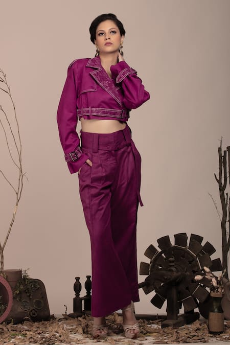 Buy_Beejoliyo_Purple Suede Embroidered Thread Lapel Collar Jacket And Pant Set _Online_at_Aza_Fashions