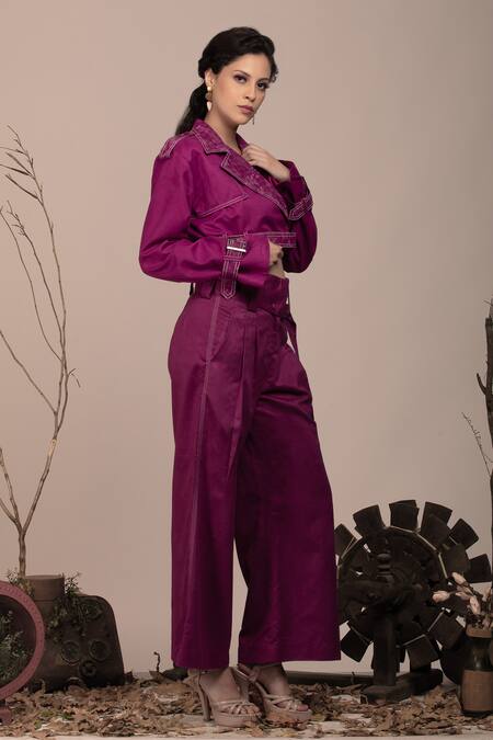 Beejoliyo_Purple Suede Embroidered Thread Lapel Collar Jacket And Pant Set _at_Aza_Fashions