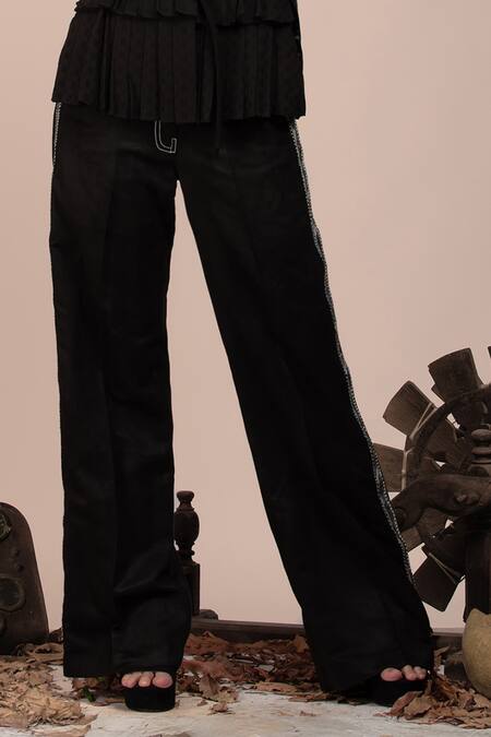 Shop_Beejoliyo_Black Suede Embroidered Geometric Lapel Collar Blazer And Pant Set _Online_at_Aza_Fashions