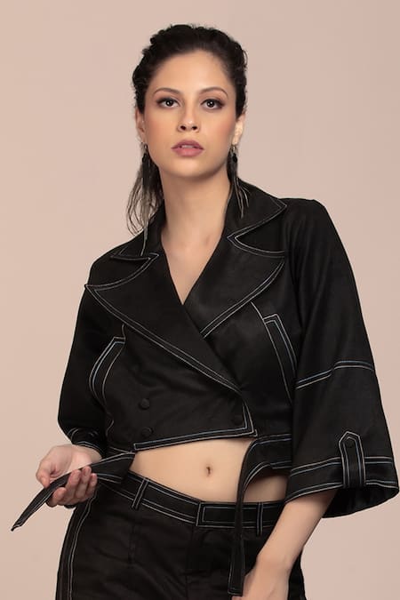 Beejoliyo_Black Suede Embroidered Thread Lapel Collar Crop Jacket And Pant Set _Online_at_Aza_Fashions