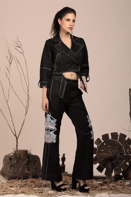 Shop_Beejoliyo_Black Suede Embroidered Thread Lapel Collar Crop Jacket And Pant Set _Online_at_Aza_Fashions