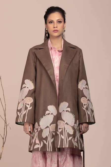 Beejoliyo Brown Suede Embroidered Thread Dress Collared Blazer And Midi Online at Aza Fashions Beejoliyo_Brown Suede Embroidered Thread Dress Collared Blazer And Midi _Online_at_Aza_Fashions