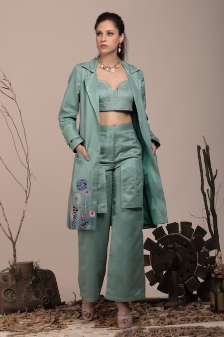 BEEJOLIYO Suede Embroidered Long Jacket Pant Set 